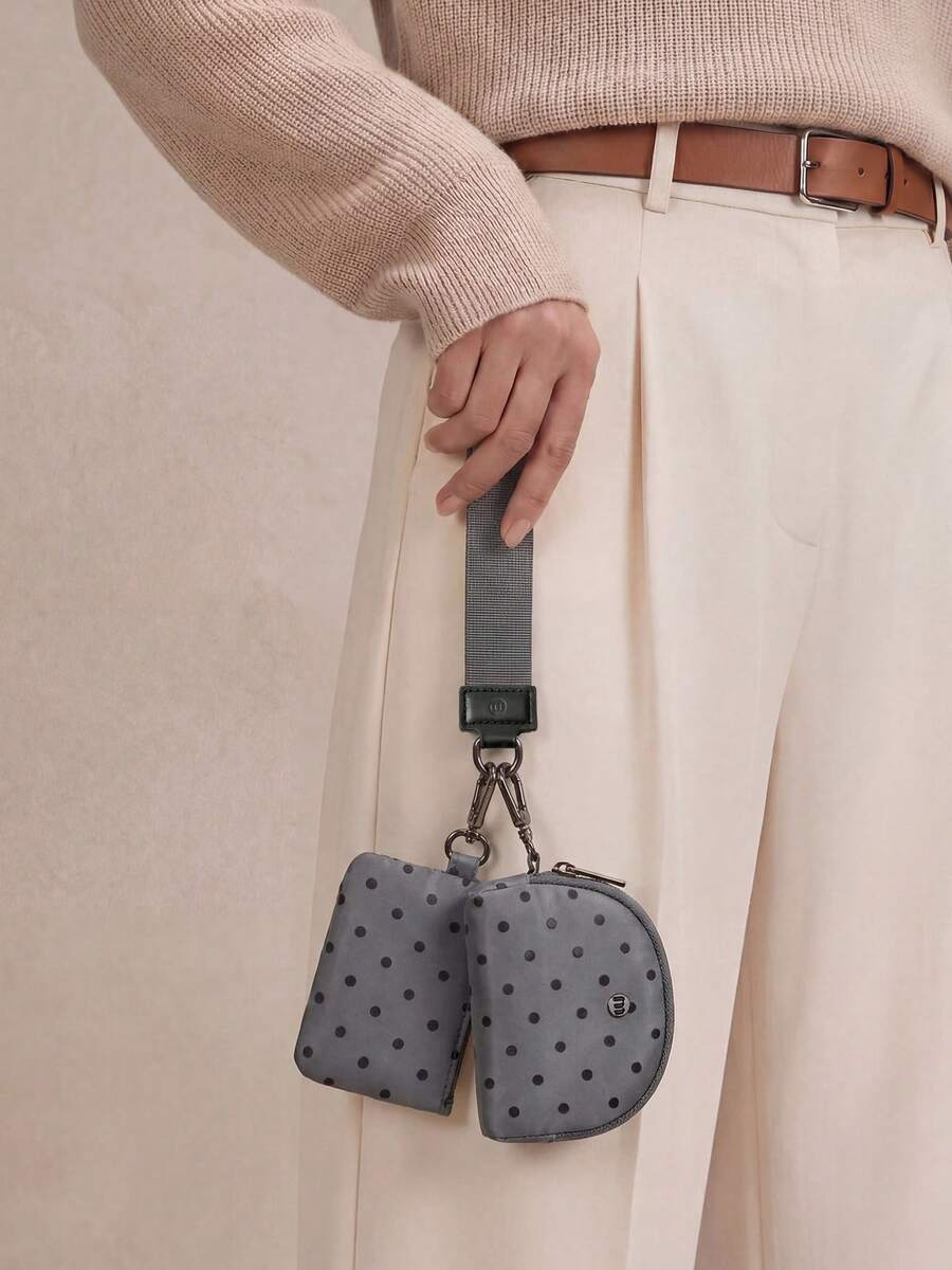 Mini Zip Around Wristlet Wallets For Women -KeyChain Wallet With Detachable Dual Pouch Wristlet -Key Chain Coin Purse Small Wallets - Polka Dot Black and Gray - View 1