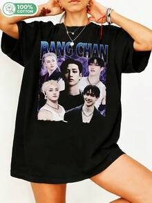 Bang Chann K-Pop Graphic T-Shirt, Purple Lightning Bolt Collage T-Shirt, 100% Cotton, Casual Short Sleeve Top, Men's Alt Streetwear, Fan Merch, Oversized Cotton Shirt, Blue Gradient Text K- - Black - View 6