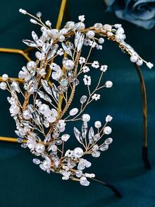 1pc Luxury Rhinestone Resin Flower Decorated Headband Bridal Headband Women Hair Accessory Party Celebration Vacation Outfit - Gold - View 6