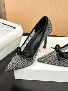 Xin Jing Shoes 女士高跟鞋,新款时尚百搭蝴蝶结水钻网面婚宴鞋,优雅日常通勤网面透气细高跟鞋 - 黑色 - 查看 11