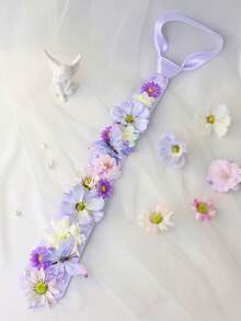 薰衣草紫色花卉婚禮配件套裝，包含花環、花卉領結和手腕花飾。波希米亞田園風格，飾以人造花朵和蝴蝶，適合新娘、新郎、伴娘、海邊婚禮和拍照場景 - 淡紫色 - 查看 9