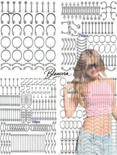 (150pcs/120pcs/100pcs/85pcs/60pcs/40pcs Sets, Corresponding To The Quantity In The Picture) Titanium Steel Lip Studs, Stainless Steel Eyebrow Studs, Nose Rings, Nose Studs, Tongue Studs, Belly Button Rings, Eyebrow Studs, Mixed Pack