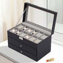 Watch, Glasses, Jewelry Organizer, 3-Tier Display Storage Box, 12 Watch Slots, 6 Glasses Compartments, Large Glass Lid, Accessory Organizer, Black PU Velvet Box With Glass Lid And Lock - Black - View 9