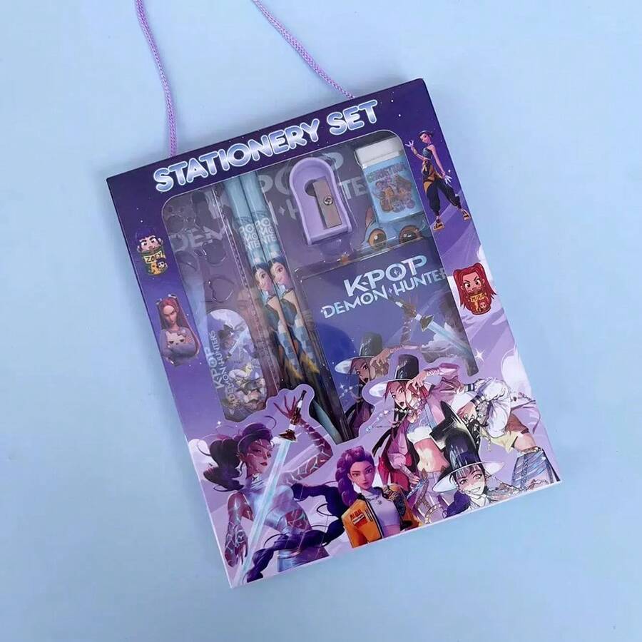 1 bộ hộp văn phòng phẩm anime đồng thương hiệu K-Pop, bìa in màu đầy đủ 6 món kèm dây đeo, dùng ghi chép lớp học & vẽ, gói quà Giáng sinh Năm mới - Nhiều màu - Xem 1
