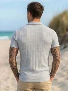 Men's Casual Ribbed Resort Shirt Short-Sleeve Button-Down Camp Collar - Light Grey - View 3