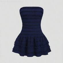 Soqi Women's Clothing  Vestido mini de punto texturizado con escote bandeau - Albaricoque - Ver 2