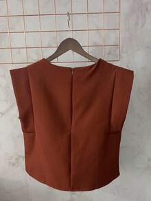 Women's Set: Summer Sleeveless Solid Color Round Neck Top And Wide Leg Pants With Belt And Bag - Camel - View 7