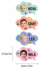 Individuelle Foto-Namensschilder, personalisierte Kinder-Namensaufkleber, süße Sprechblasen-Namensetiketten, anpassbare Textaufkleber in Sprechblasenform mit Cartoon-Icon-Designs, druckbar mit individuellen Fotos und Namen, geeignet für Kinder - Dialogfeld - Übersicht 3