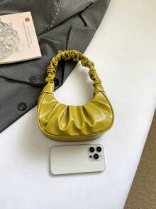 Mini Fashionable Solid Color Pleated Cloud Shaped Handbag, Crescent Shoulder Bag, Underarm Tote Bag, Commuter Bag, Spring/Summer - Mustard Yellow - View 4