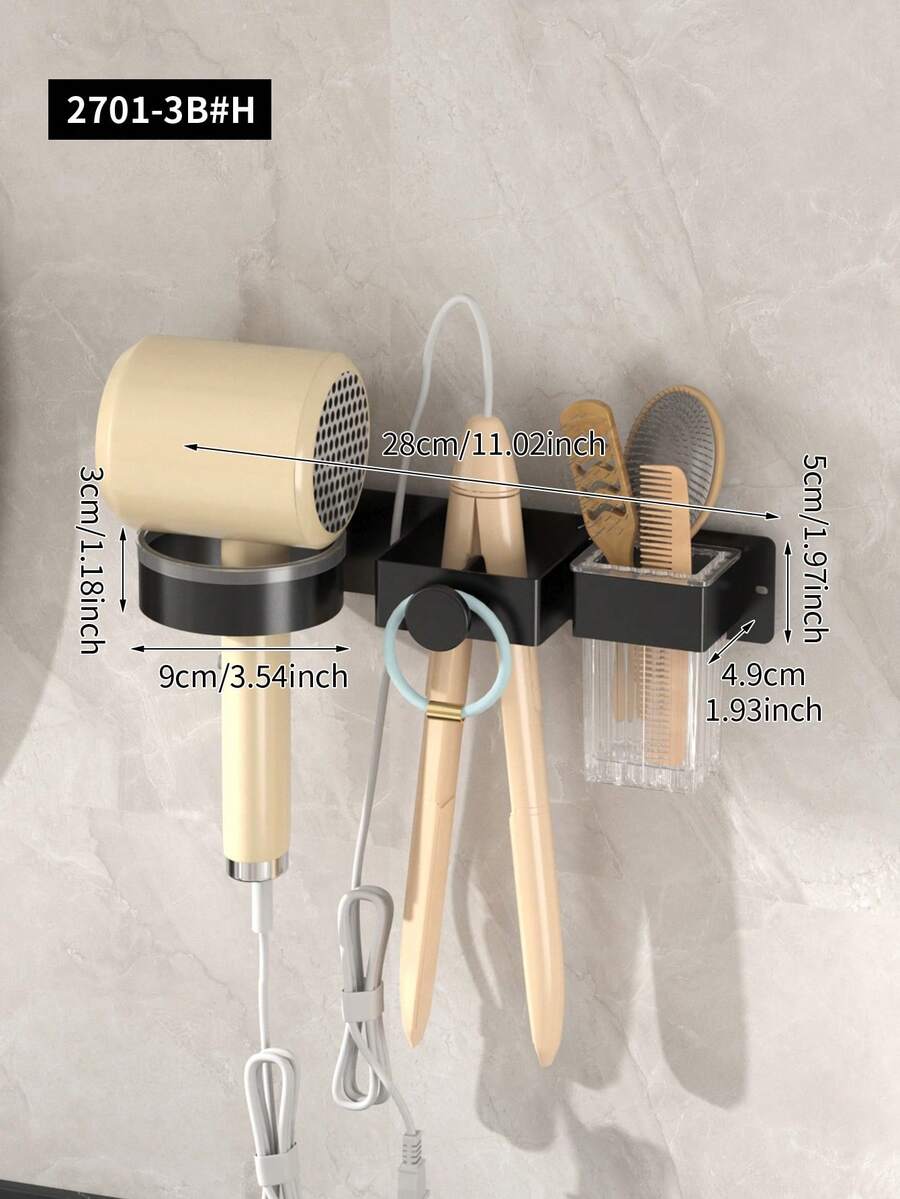 1 pieza Soporte para secador de pelo, sin necesidad de perforación; Soporte para secador de pelo montado en la pared, Organizador de herramientas de peinado de baño 3 en 1, Adecuado para secador de pelo, plancha y rizador, Adecuado para estante de almacenamiento en baño o barbería - Multicolor - Ver 1