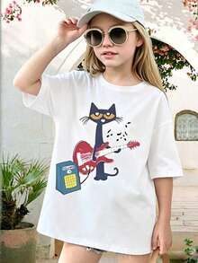 Summer New Arrival Unisex Teen Oversized Tee, Cartoon Cat Playing Guitar Print, Minimalist Crew Neck Short Sleeve For Daily Wear - White - View 1