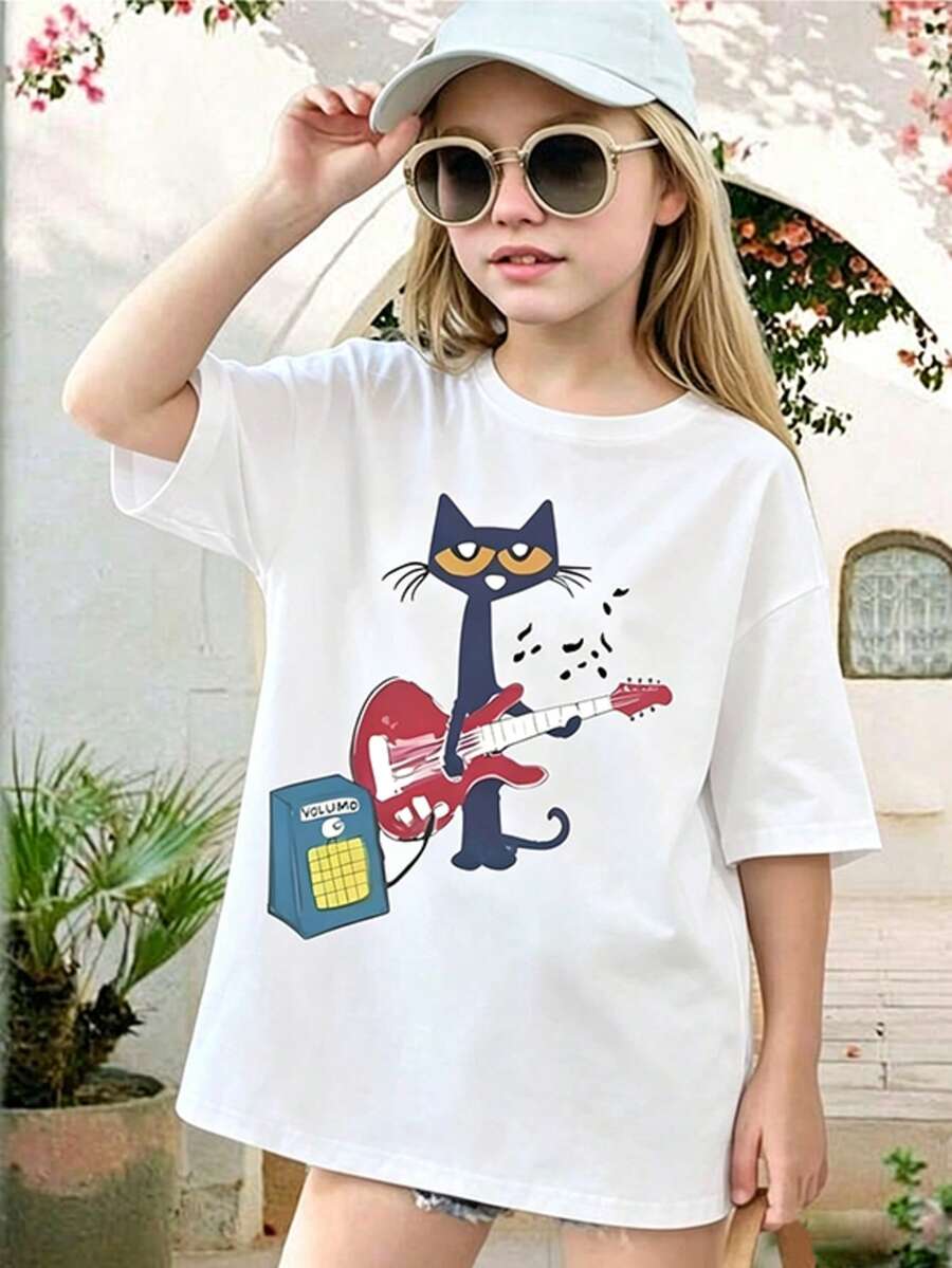 Summer New Arrival Unisex Teen Oversized Tee, Cartoon Cat Playing Guitar Print, Minimalist Crew Neck Short Sleeve For Daily Wear - White - View 1