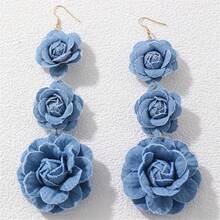 1 Pair Of Handmade Denim Flower Earrings With A Vintage Vibe, Fabric Floral Tassel Earrings, Exaggerated Earrings For Women - Blue - View 8