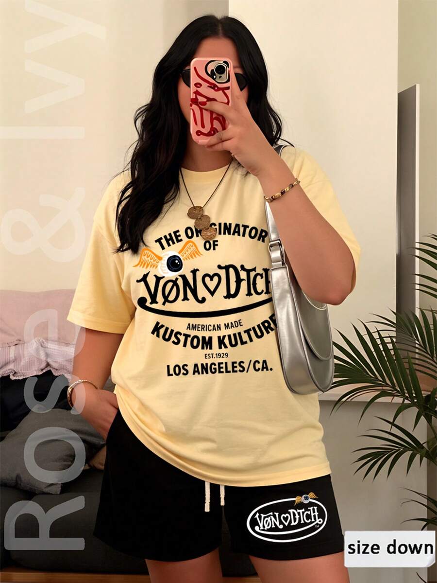 Womens Creative T Shirt And Shorts Set American Vintage Full Print Street Wear Vonn Dutch Logo And Text Los Angeles California Graphic Ideal Gift For 2026 New Year Mothers Day St Patricks Day Black History Month Back To School Season And Easter Voon Dutch Ed Hardys - Màu be - Xem 1