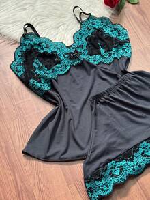 Short Doll Women's Pajama Set/ Two-Tone Lace - Mint Blue - View 2