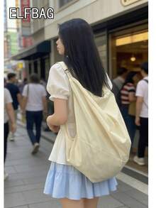 大容量素色簡約風單肩包，女款斜背包，休閒百搭托特包，適合上班、學習、旅行 - 杏色 - 查看 9