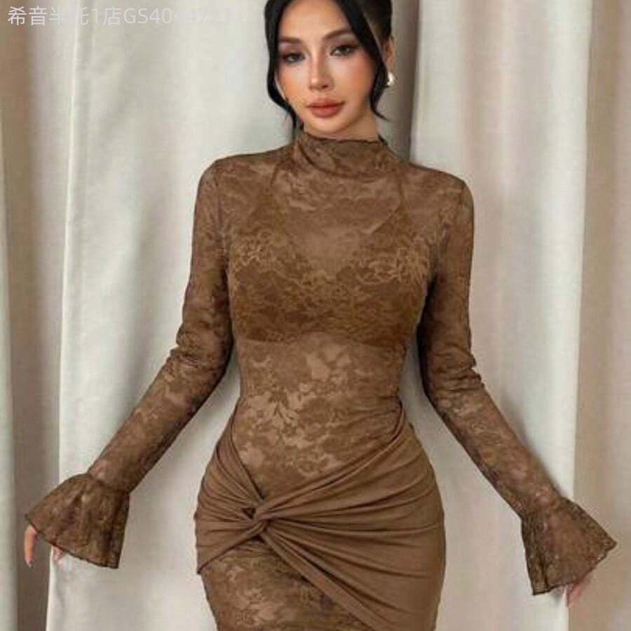 MewMuse. PETITE Vestido mini de encaje transparente y sexy color borgoña, adecuado para citas diarias, salidas nocturnas, discotecas, fiestas, reuniones, fiestas de cóctel, fiestas de piscina, otoño/invierno - Marrón Chocolate - Ver 1