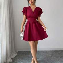 Nuevo vestido corto casual, versátil y elegante para mujer con diseño de manga con volantes de parche de unicolor reversible de gasa con cordón en la cintura - Burdeos - Ver 8