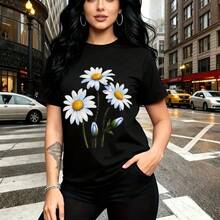 Camiseta de mujer con estampado de flores margaritas blancas y brotes azules - camiseta casual de manga corta, ajuste cómodo y elegante, estilo urbano y bohemio para la ciudad - ideal para paseos por el centro, salidas casuales y regalo perfecto para - Negro - Ver 10