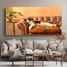 Enmarcado Lienzo impreso 2D plano y acogedor con diseño de gato - Arte de sofá de cuero naranja cálido y marrón, decoración de pared 2D plana  para dormitorio, sala de estar, residencia estudiantil - Regalo ideal para el hogar y la oficina, decoración de gatos, perfecto para la decoración de habitaciones - Enmarcado - Ver 2