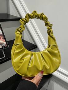 Mini Fashionable Solid Color Pleated Cloud Shaped Handbag, Crescent Shoulder Bag, Underarm Tote Bag, Commuter Bag, Spring/Summer - Mustard Yellow - View 3