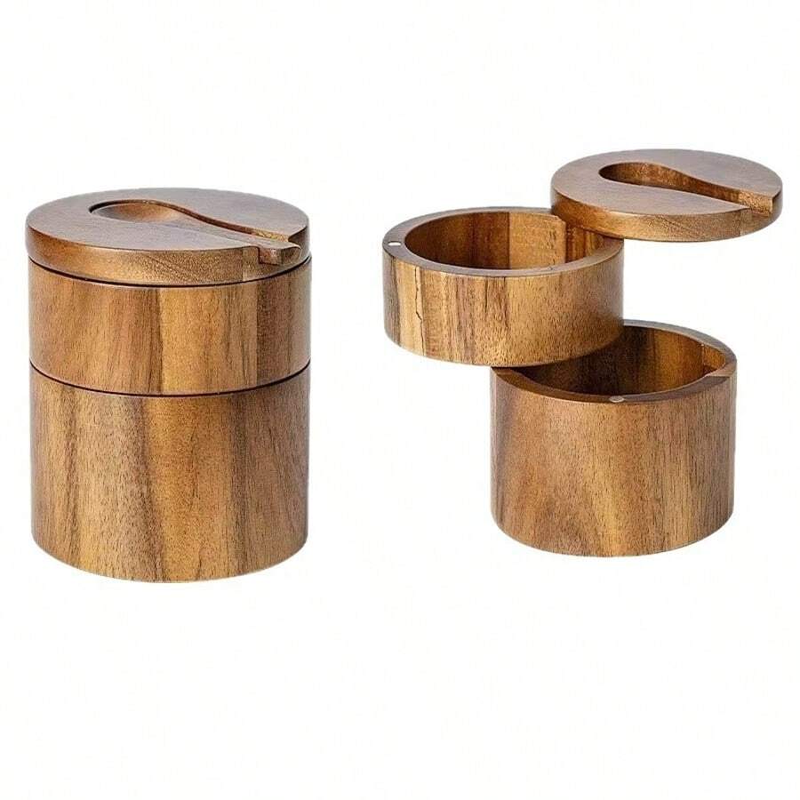 1PC Acacia Wood Salt Jar Solid Wood Seasoning Box Wooden Pepper Box Kitchen Seasoning Bottle Salt Box Storage Seasoning Jar - Brown - View 1