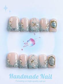 10 PIEZAS - Uñas postizas, forma cuadrada, 100% hechas a mano, estilo Y2K, de calidad resistente, reutilizables. Color rojo rosa, estilo francés, efecto 3D, adecuado para uso diario, fiestas, también el mejor regalo de vacaciones para niñas y mujeres. - Azul - Ver 1