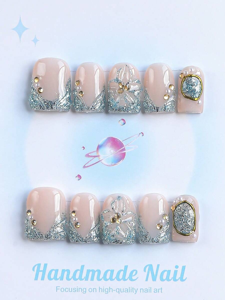 10 PIEZAS - Uñas postizas, forma cuadrada, 100% hechas a mano, estilo Y2K, de calidad resistente, reutilizables. Color rojo rosa, estilo francés, efecto 3D, adecuado para uso diario, fiestas, también el mejor regalo de vacaciones para niñas y mujeres. - Azul - Ver 1