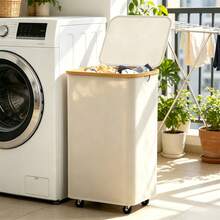 Slim Narrow Laundry Basket With Wheels, Rolling Clothes Hamper With Removable Inner Bag & Foldable Design, Space Saving Dirty Laundry Holder 17.3"X13"X27.6" For Bedroom Bathroom - Beige - View 1