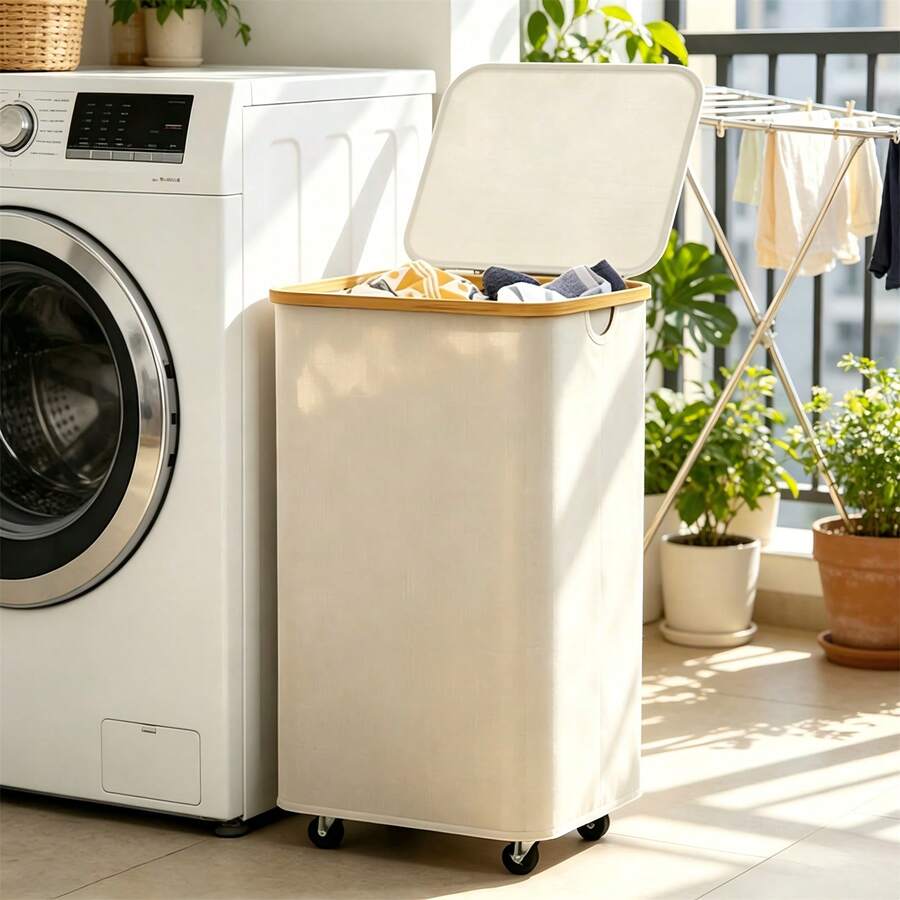 Slim Narrow Laundry Basket With Wheels, Rolling Clothes Hamper With Removable Inner Bag & Foldable Design, Space Saving Dirty Laundry Holder 17.3"X13"X27.6" For Bedroom Bathroom - Beige - View 1