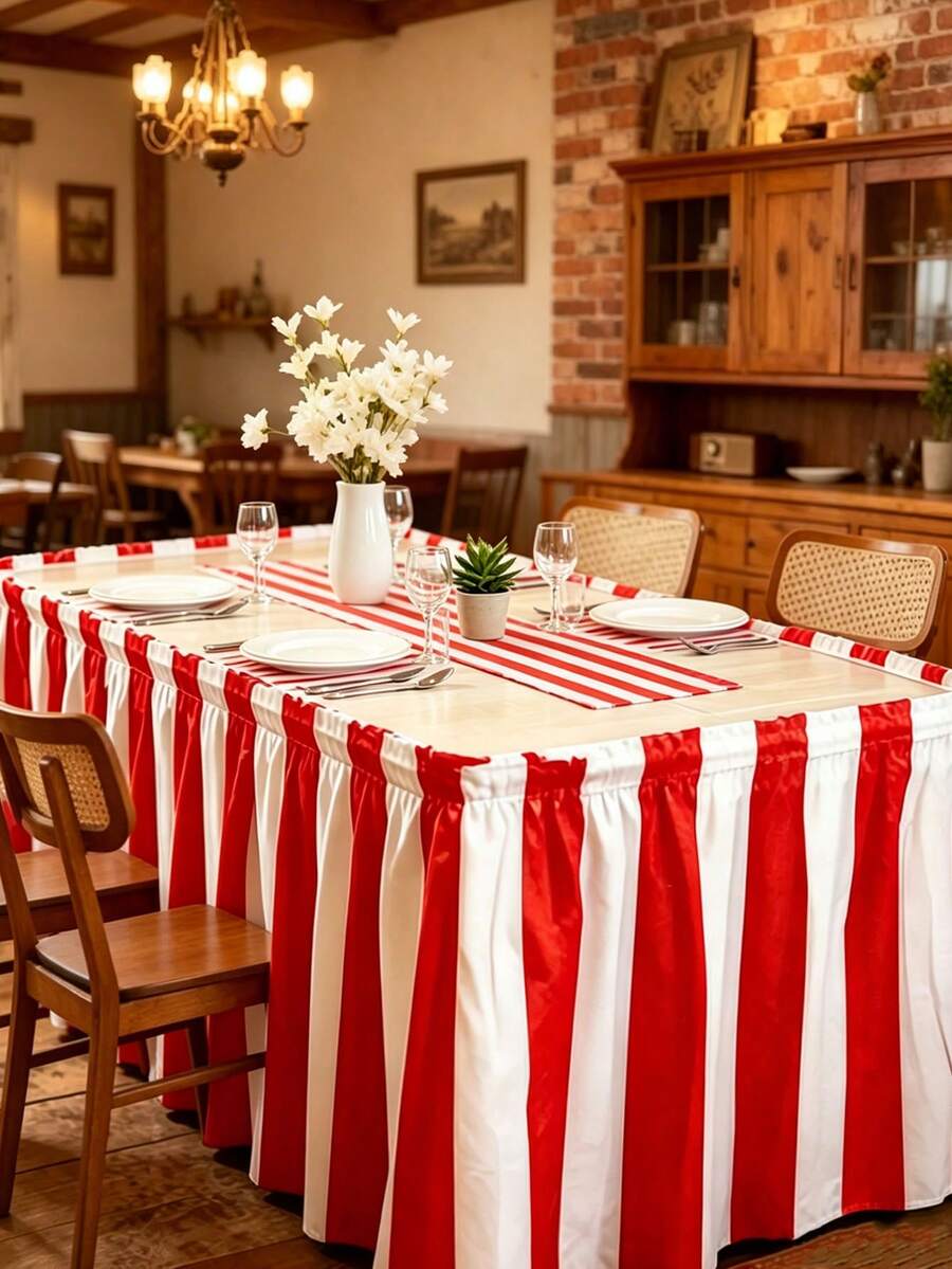 1/2 Pack Table Skirt Party Decoration, Red And White Striped Table Skirt, Disposable Table Decoration For Authorized Booths, Party Supplies, Suitable For Table Decoration - Multicolor - View 1