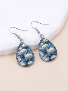 1 Pair Ocean Seashell & Starfish Design With 316 Stainless Steel Waterdrop Earrings, Cute Minimalist Style Suitable For Women's Daily Wear And Gifts, Elegant Minimalist Jewelry Earrings Suitable For Women's Daily And Vacation Wear - Baby Blue - View 6