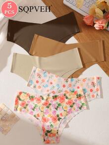 SQPVEH 5pcs/Pack Women's Solid Color & Printed Seamless Comfortable Briefs - Multicolor - View 4