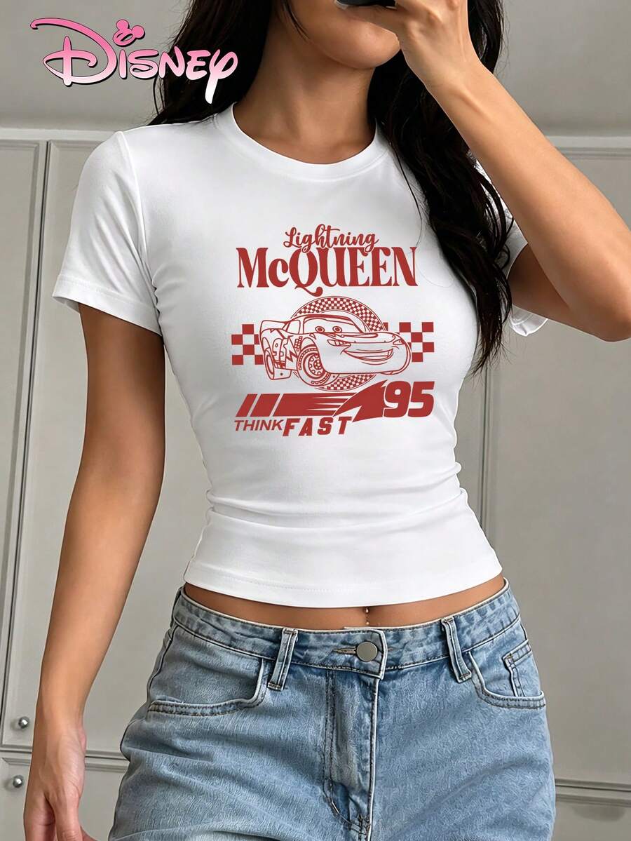 Women's Disney Slim-Fit Cropped T-Shirt With Lightning McQueen #95 Racing Car Print. A Vibrant, Sporty Style, The Slim Fit And Racing Elements Create A Dynamic And Sexy Look, Suitable For Both Casual Wear And Theme Park Outfits. - trắng - Xem 1