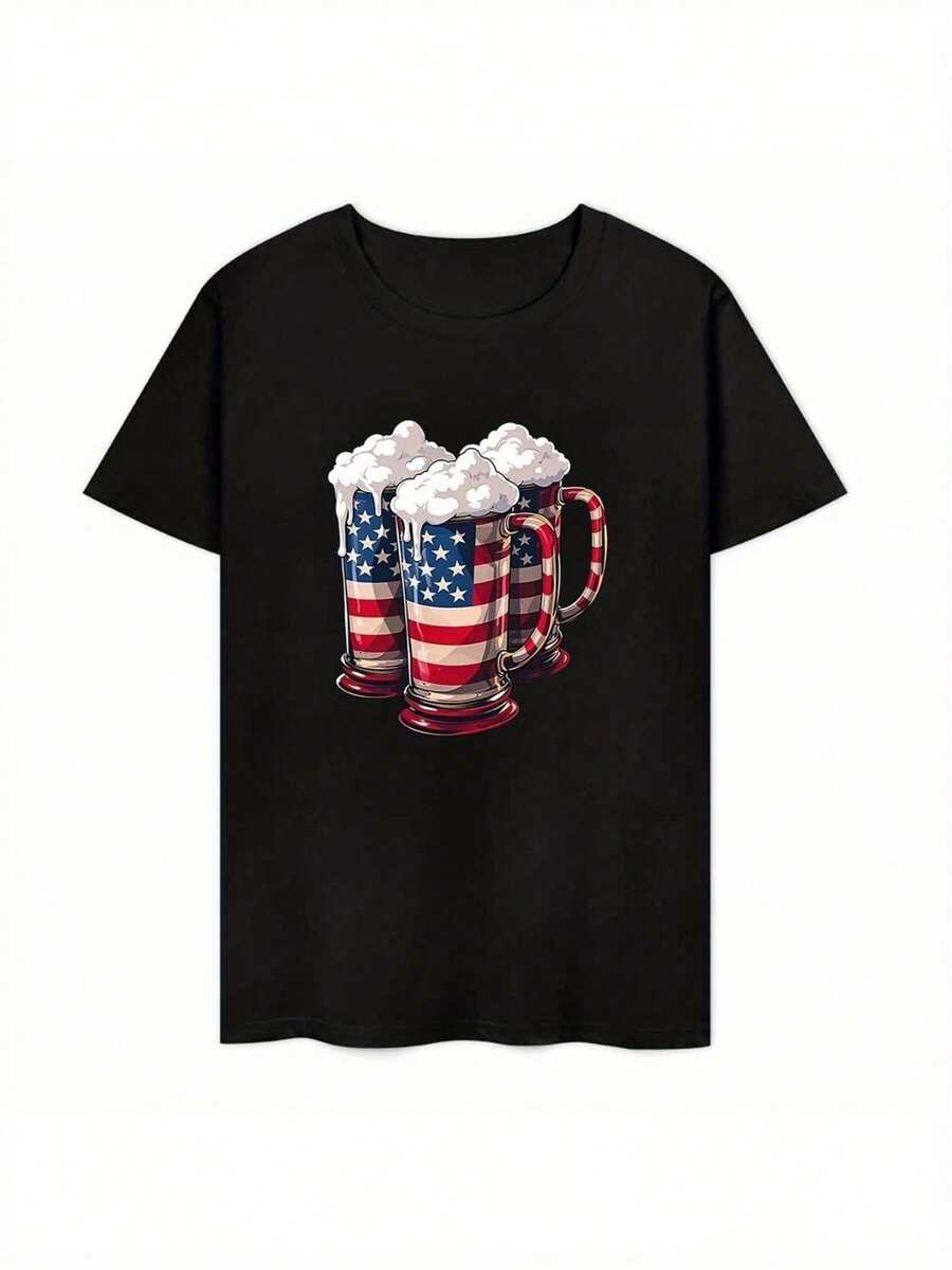 Pure Cotton T-Shirt For Men And Women With Hand-Drawn Flag Print And Beer Mugs, Patriotic Red, White And Blue Design, Heat Printed, Ideal For 4th Of July, BBQ Party, Casual Short Sleeve Crew Neck Wear, Durable Gift For Beer Lovers In All Seasons. - 黑色 - 查看 1