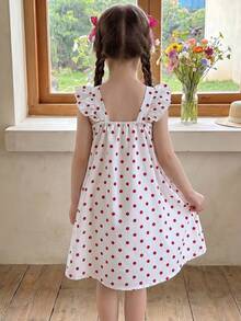 Girls' Summer Flutter Sleeve Square Neck Strawberry Polka Dot Decor Sweet Cute Dress - White - View 7