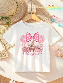 Disney "Castle Princess" Themed Short-Sleeved T-Shirt For Girls, Minnie Mouse Bow Print Top, Dreamy Pink Design, Suitable For Children's Playgrounds/Birthday Parties/Everyday Wear, Sweet And Cute Style. - 白色 - 查看 2