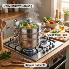 Aafan 3 Tier Stainless Steel Steamer Pot Set With Vented Glass Lid 25cm Stackable Steam Cooker  4 Piece Set Healthy Cooking For Vegetables Fish Chicken Rust-Resistant Multi Layer Steaming Pot Large Capacity Kitchen Cookware 7.5cm+7.5cm+9cm Height Tiers Induction Compatible Steamer - View 4