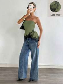 Top bandeau de satén mate con ribete de encaje, de moda casual de verano para playa y resort para mujer - Verde - Ver 5