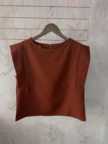 Women's Set: Summer Sleeveless Solid Color Round Neck Top And Wide Leg Pants With Belt And Bag - Camel - View 5