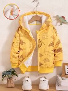 Boys' Casual Dinosaur Print Zip-Up Hooded Fleece Jacket, Suitable For Outdoor Wear, Autumn/Winter - Yellow - View 1