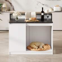 Kitchen Island With Bar Counter, Multifunctional Kitchen Table With Pet Resting Area, For Kitchen And Dining Room, White And Black Marble Look, 120 * 80 * 100 Cm - White+Black - View 2