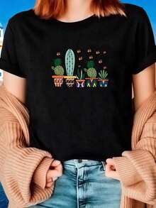 2026A Cute Cactus Print T-Shirt For Summer, A Casual Short-Sleeved Top For Spring And Summer Sports, Women'S Clothing  Addio Al Nubilato - Black - View 2
