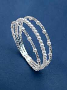 1/10 piezas Brazalete de cristal de múltiples capas, elegante y de moda, con cristales de imitación de perlas, elástico, adecuado para fiestas, bodas y regalos - B3-30 - Ver 7