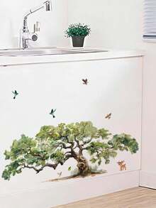 1pc Dense Tree With Green Leaves, Birds, And Cute Deer Wall Sticker, Removable Decal For Bedroom, Living Room, Entryway - 1PC - View 5