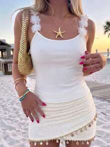 Women's Solid Color Ribbed Backless Applique Camisole, Suitable For Beach, Vacation, Daily Wear, Travel White Casual Summer - White - View 1