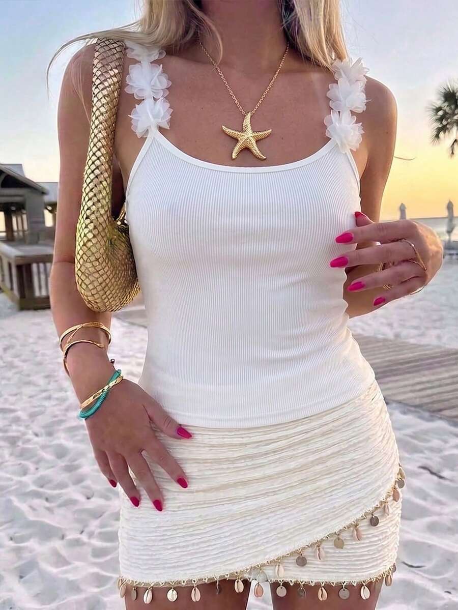 Women's Solid Color Ribbed Backless Applique Camisole, Suitable For Beach, Vacation, Daily Wear, Travel White Casual Summer - White - View 1