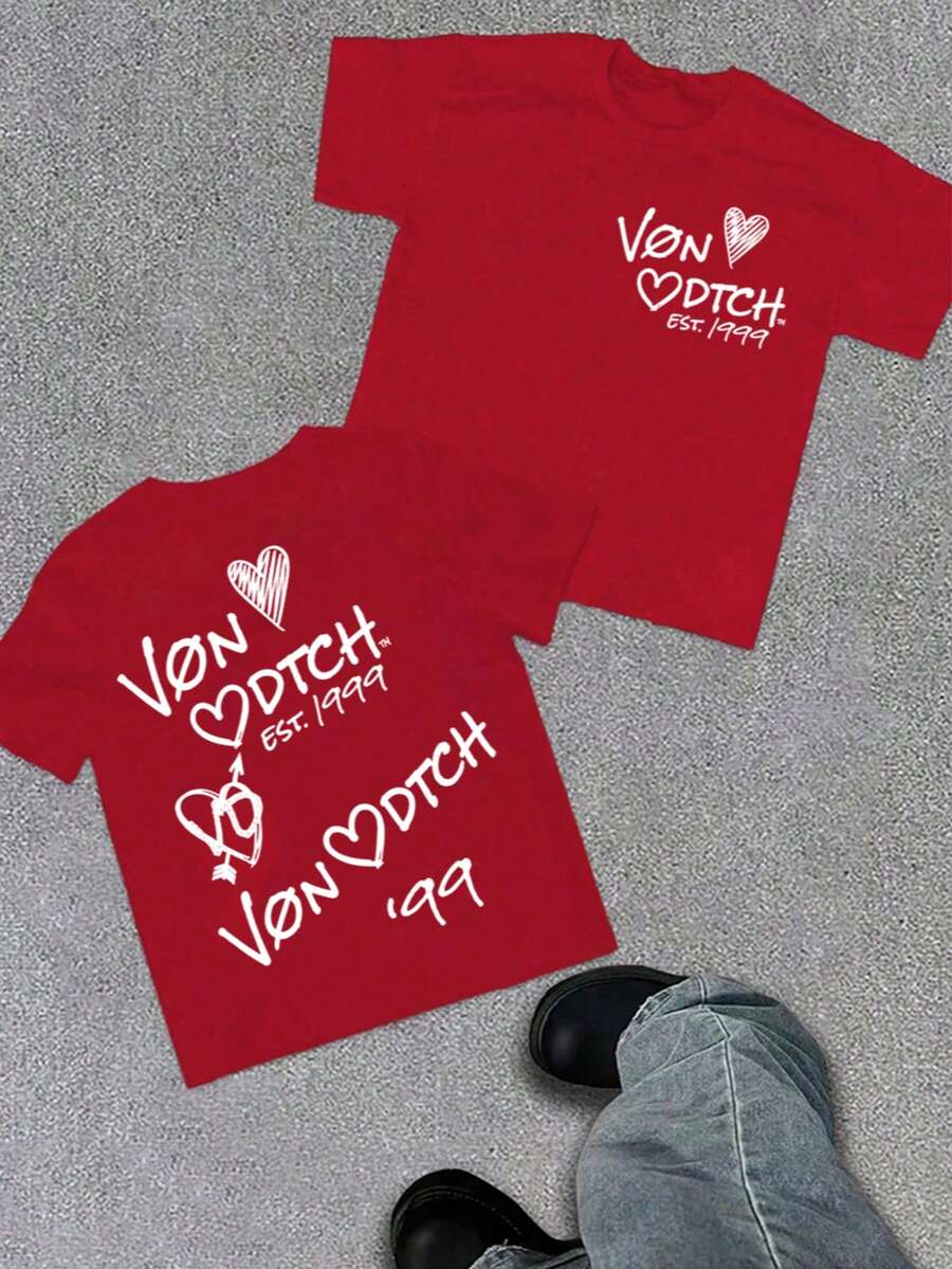 Camiseta para mujer con estampado de corazón de Von Dutch, llave y año 1999, de doble cara, suave y agradable al tacto, unisex, ideal para el Festival de Primavera, San Valentín, San Patricio y el Mundial. Estampado de dragón de Van Dutch. Camiseta clásica americana. - Rojo - Ver 1