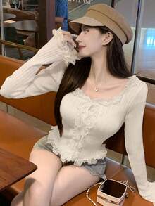 女款法式蕾絲飾邊長袖修身針織開襟衫 秋季 - 杏色 - 查看 2