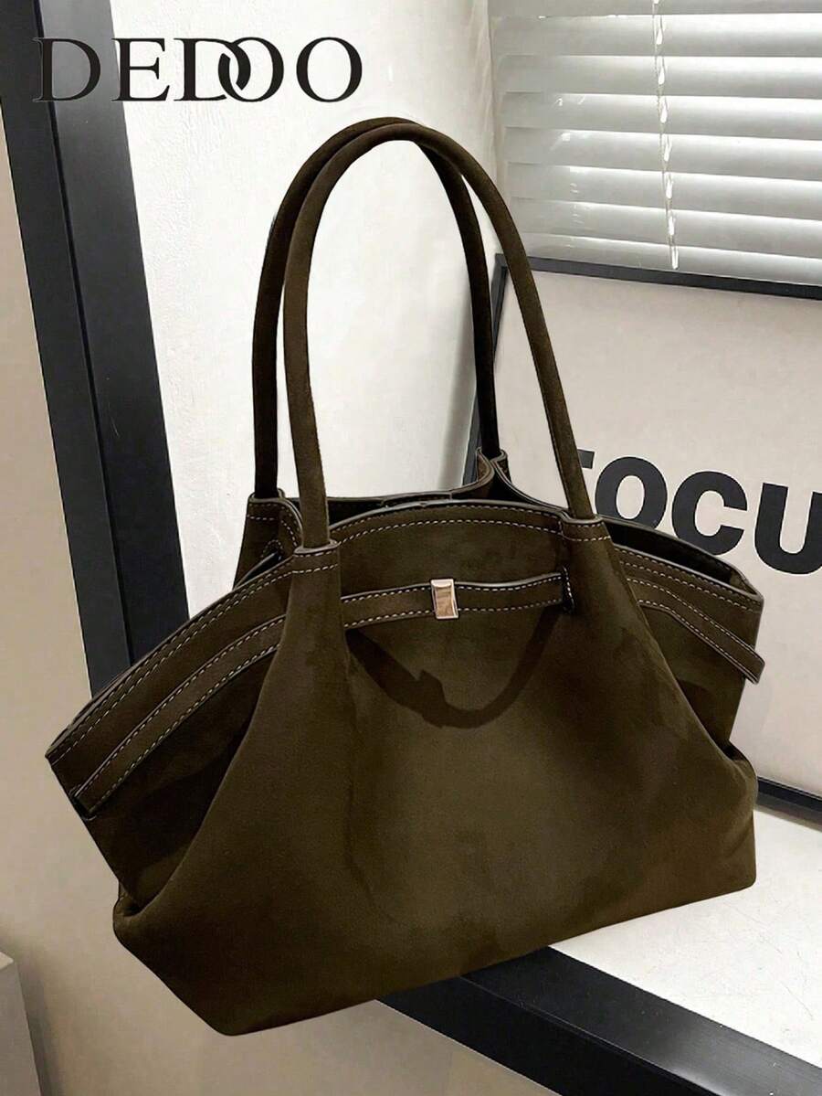 Dedoo 1个FEISTURE仿麂皮手提包，大容量纯色成熟优雅女士手提包，复古风格工作包，适合女孩、女士、大学生、上班族，新款秋冬女士包，最佳秋季钱包，最新时尚麂皮女士包，完美搭配女士秋季服装
